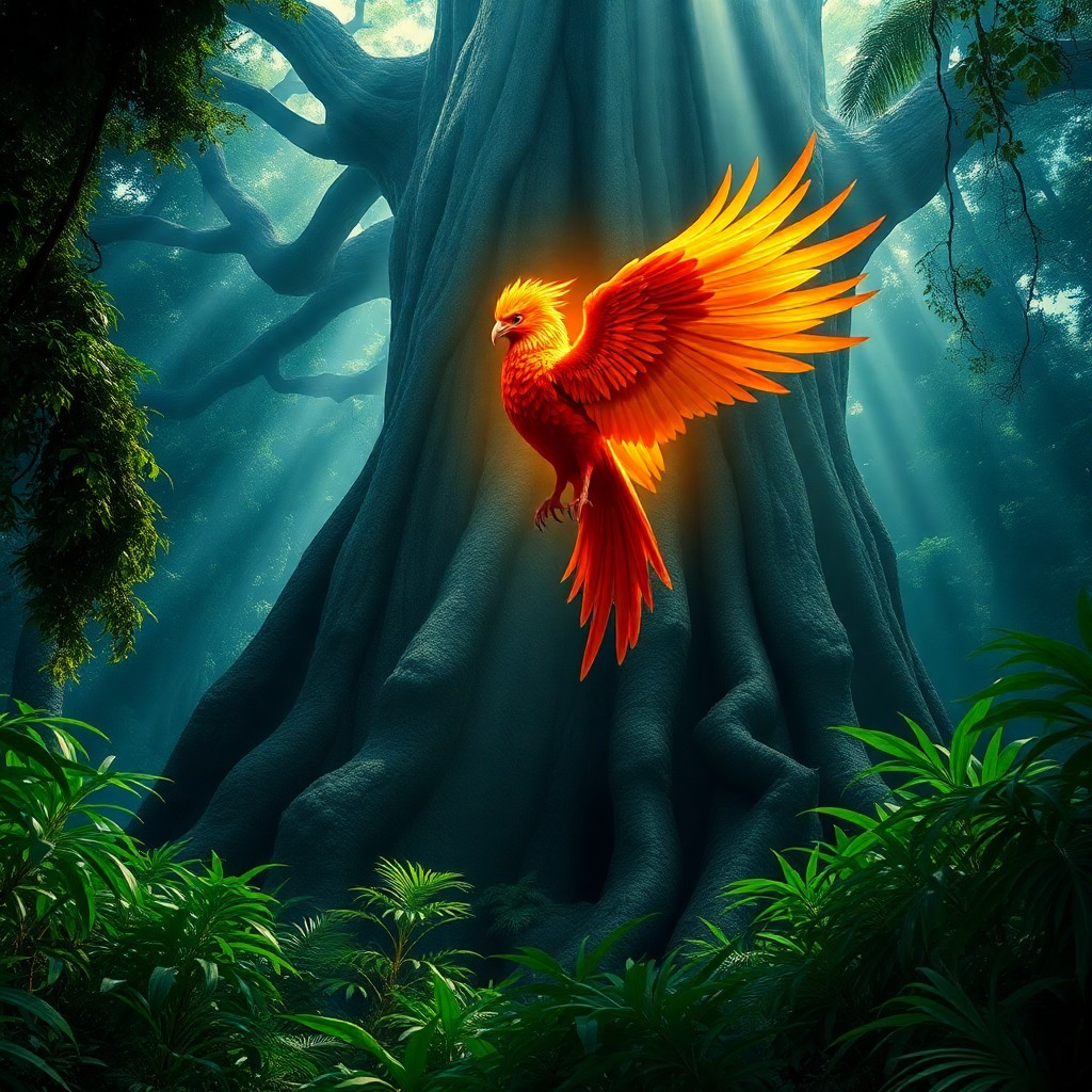 AI generated art for prompt: An exquisite digital artwork depicts an awe-inspiring scene where a regal phoenix ascends from the r