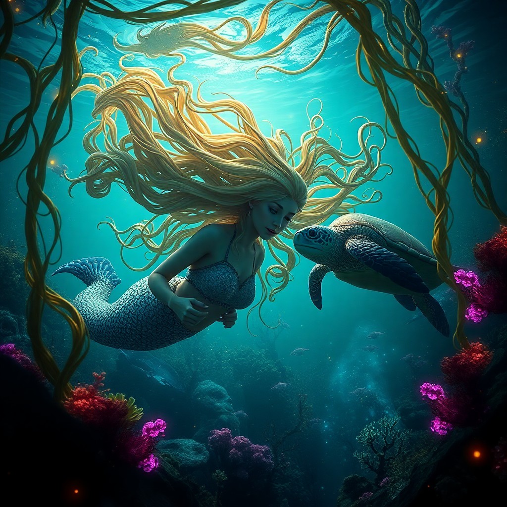 AI generated art for prompt: Create an enchanting underwater scene reminiscent of James Cameron's cinematic vision, portraying a 