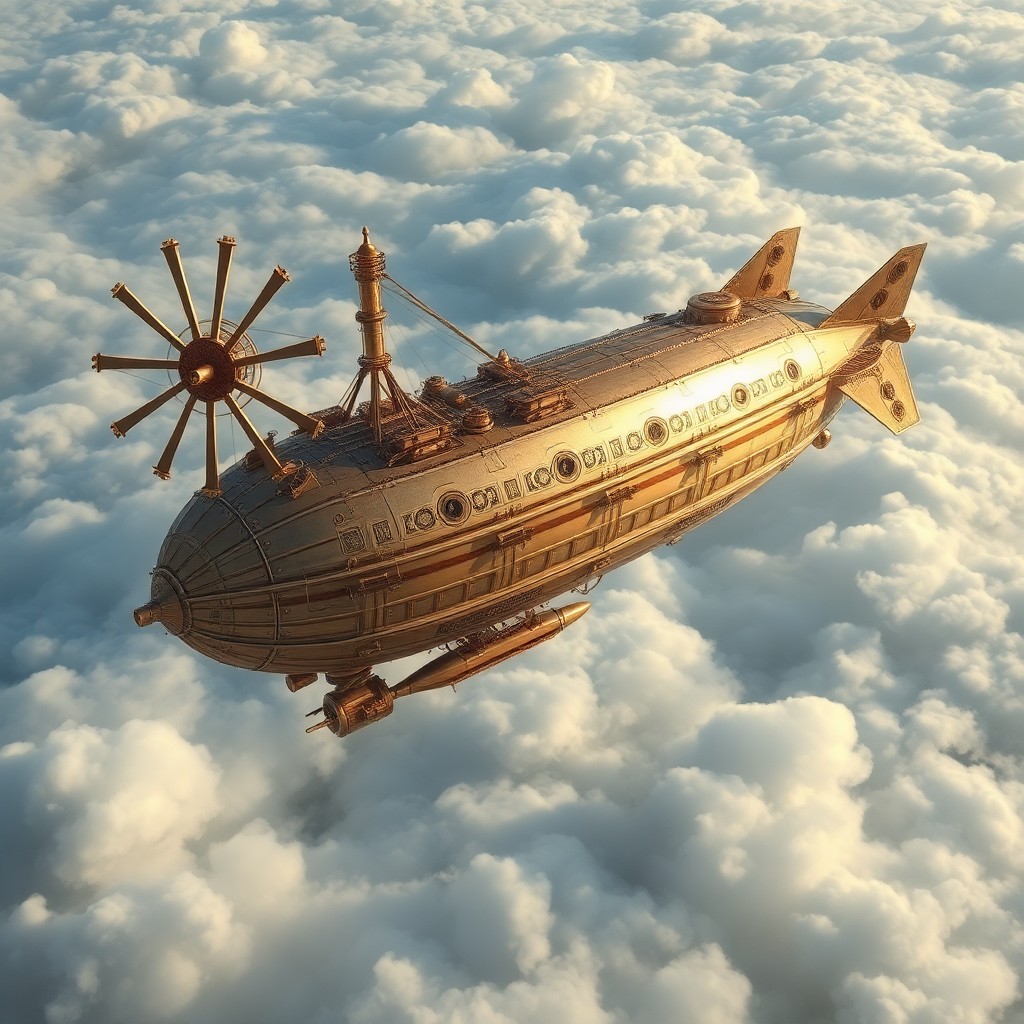 AI generated art for prompt: A majestic airship, adorned with intricate brass detailing, sails through an enchanting storm of iri