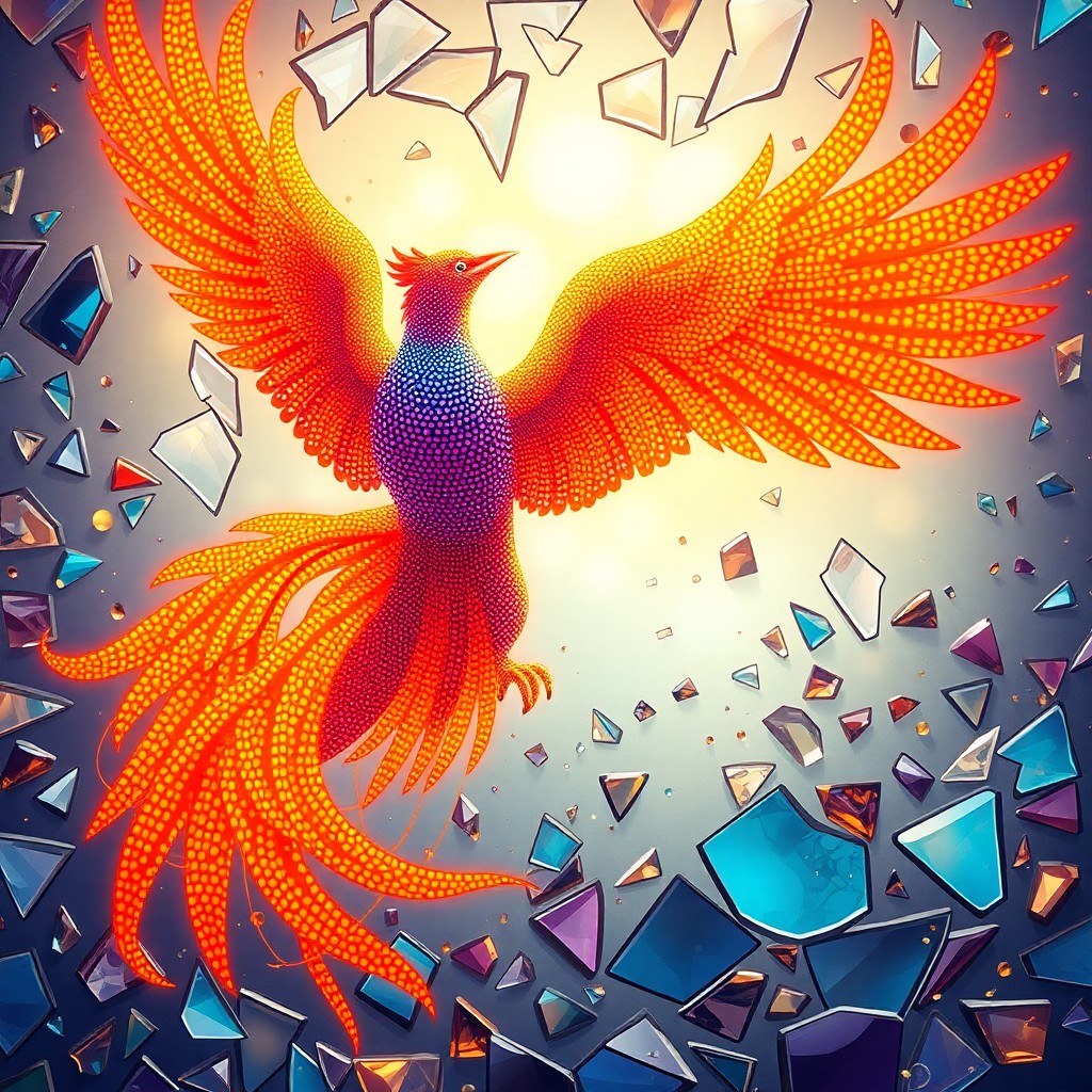 AI generated art for prompt: A magnificent phoenix ascends from a fragmented looking glass in an imaginative melding of pointilli