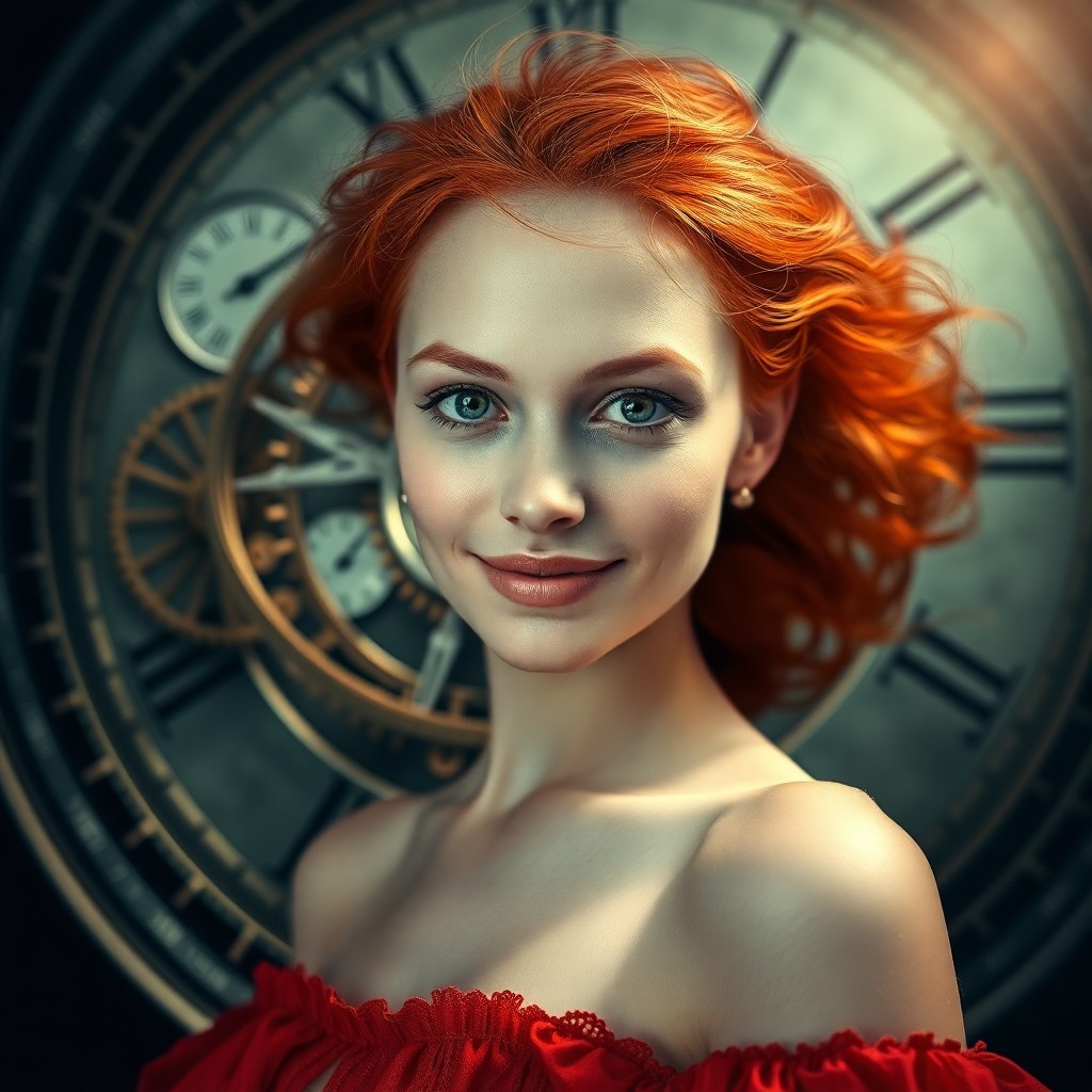 AI generated art for prompt: A surreal portrait depicting a young woman with vibrant red hair, her enigmatic smile captivating th