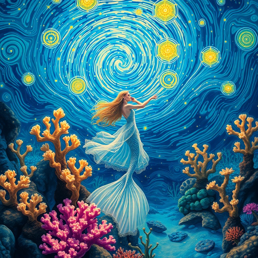 AI generated art for prompt: Create an enchanting underwater scene where a mermaid gracefully dances amidst bioluminescent coral 