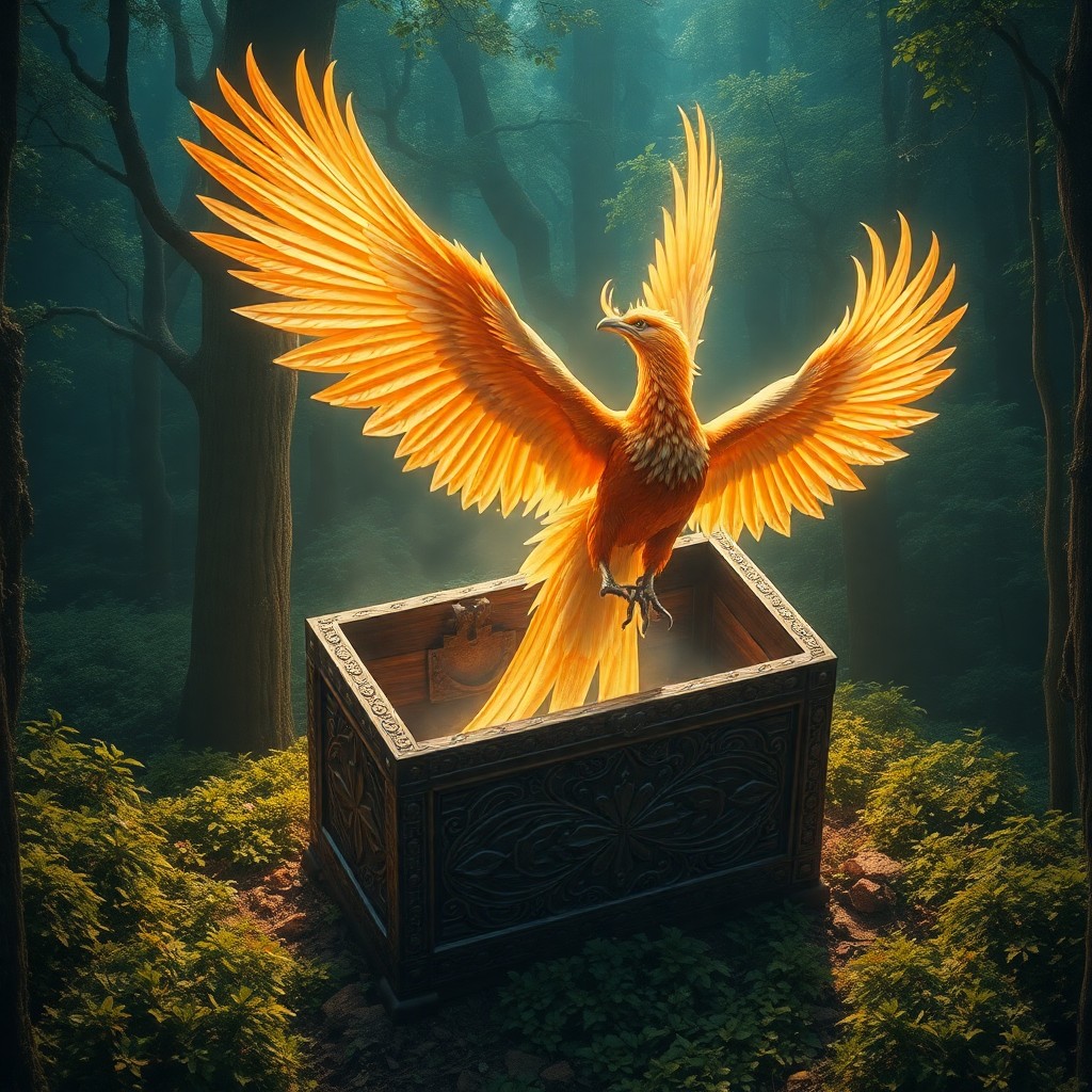 AI generated art for prompt: Create an ethereal landscape reminiscent of surrealist art, capturing a majestic phoenix emerging fr