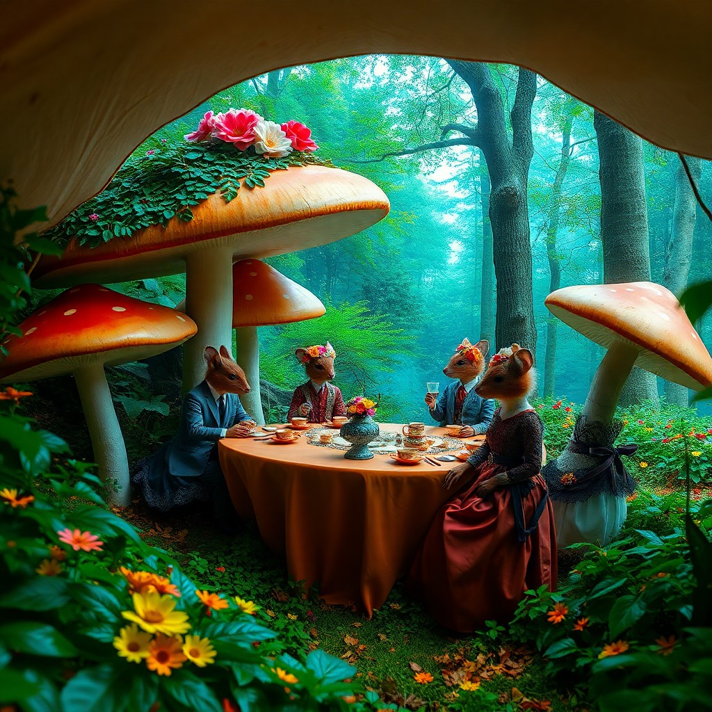 AI generated art for prompt: Visualize an enchanting tea party nestled within the lush, vibrant undergrowth of a mystical forest,