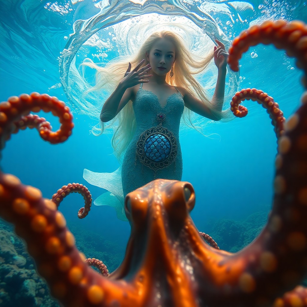 AI generated art for prompt: Imagine an enchanting underwater scene reminiscent of surreal art, where a graceful mermaid rises fr