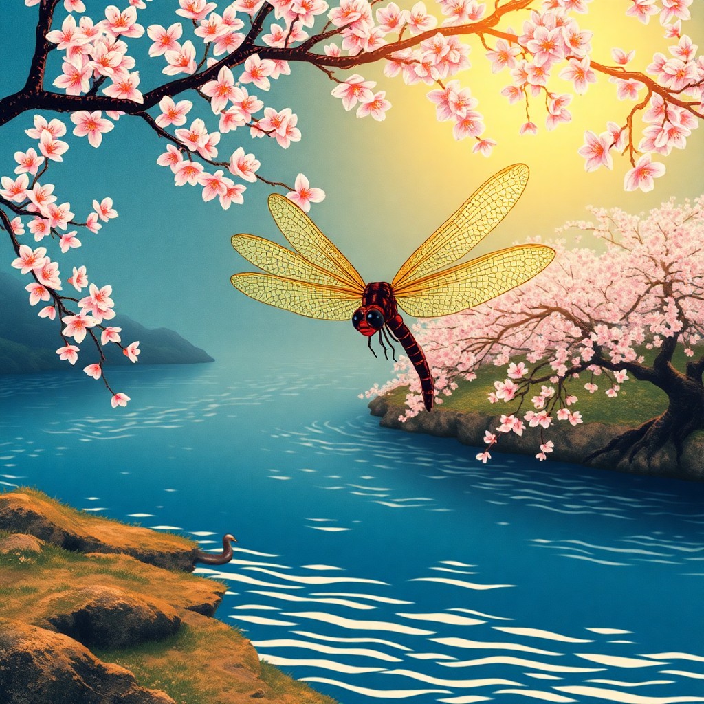 AI generated art for prompt: Picture a serene Japanese landscape in the ukiyo-e style, showcasing a tranquil river with a cherry 