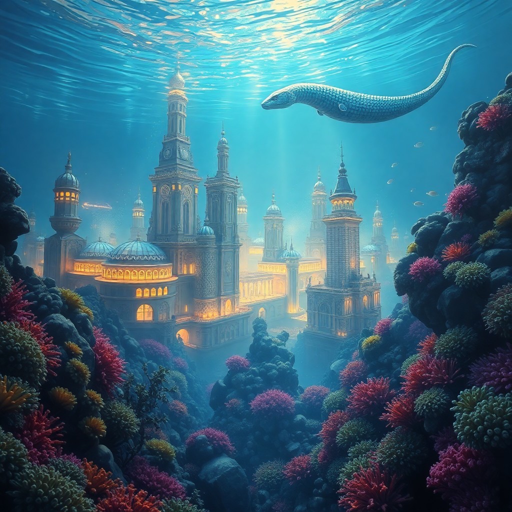 AI generated art for prompt: A surreal underwater cityscape is depicted in photorealistic oil painting style from an extraordinar