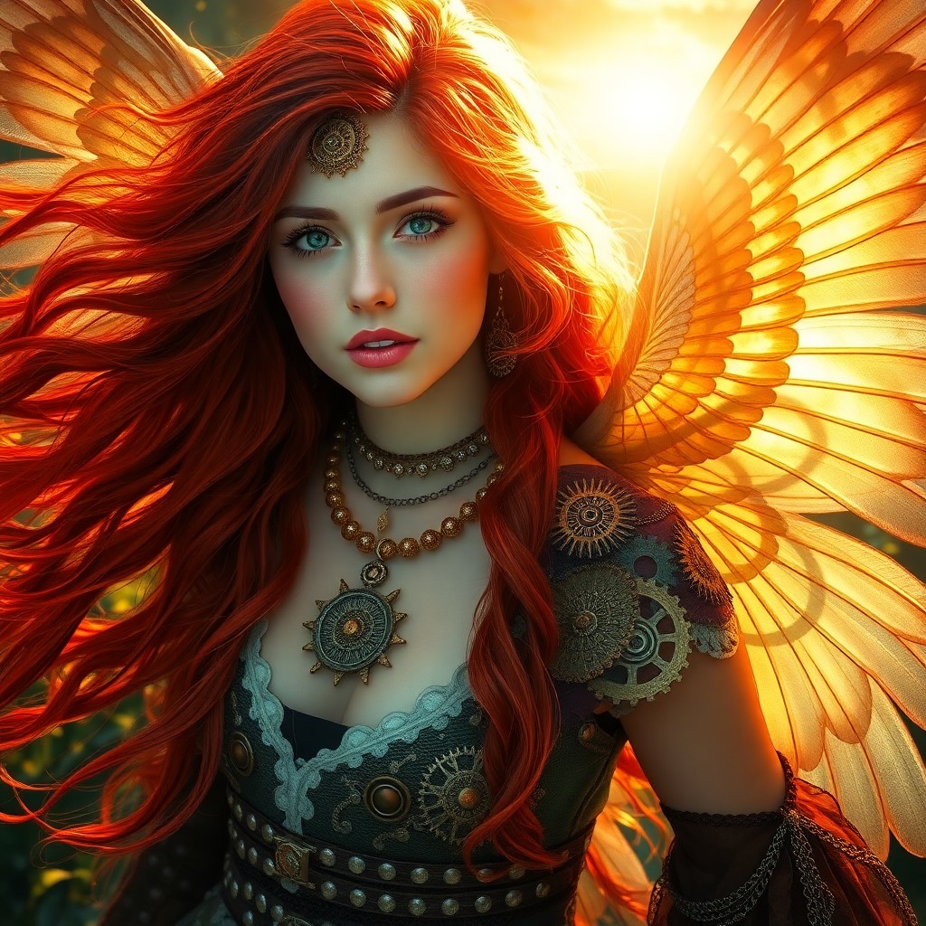 AI generated art for prompt: Create an enchanting portrait of a woman with flowing, vibrant hair, blending Pre-Raphaelite etherea