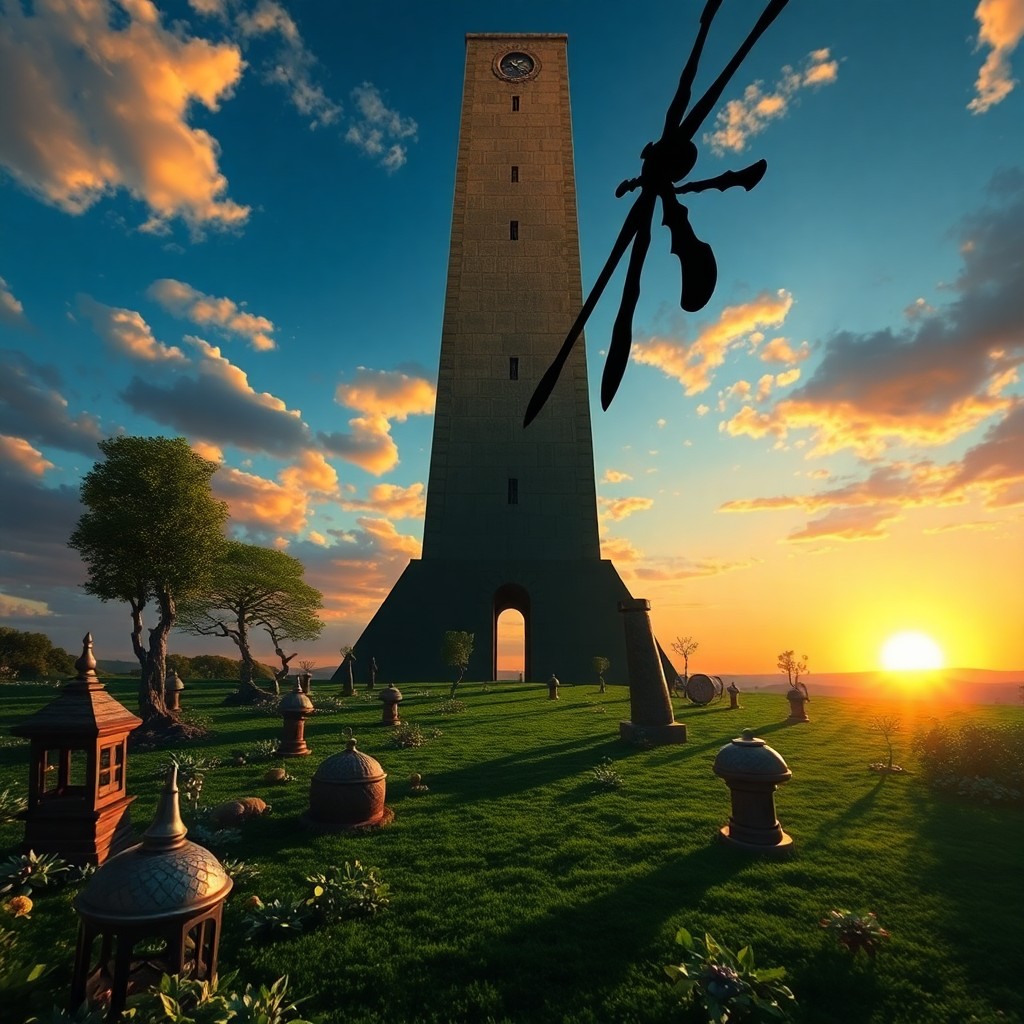 AI generated art for prompt: Visualize a dreamlike landscape reminiscent of Dali's surreal paintings, where an imposing tower loo