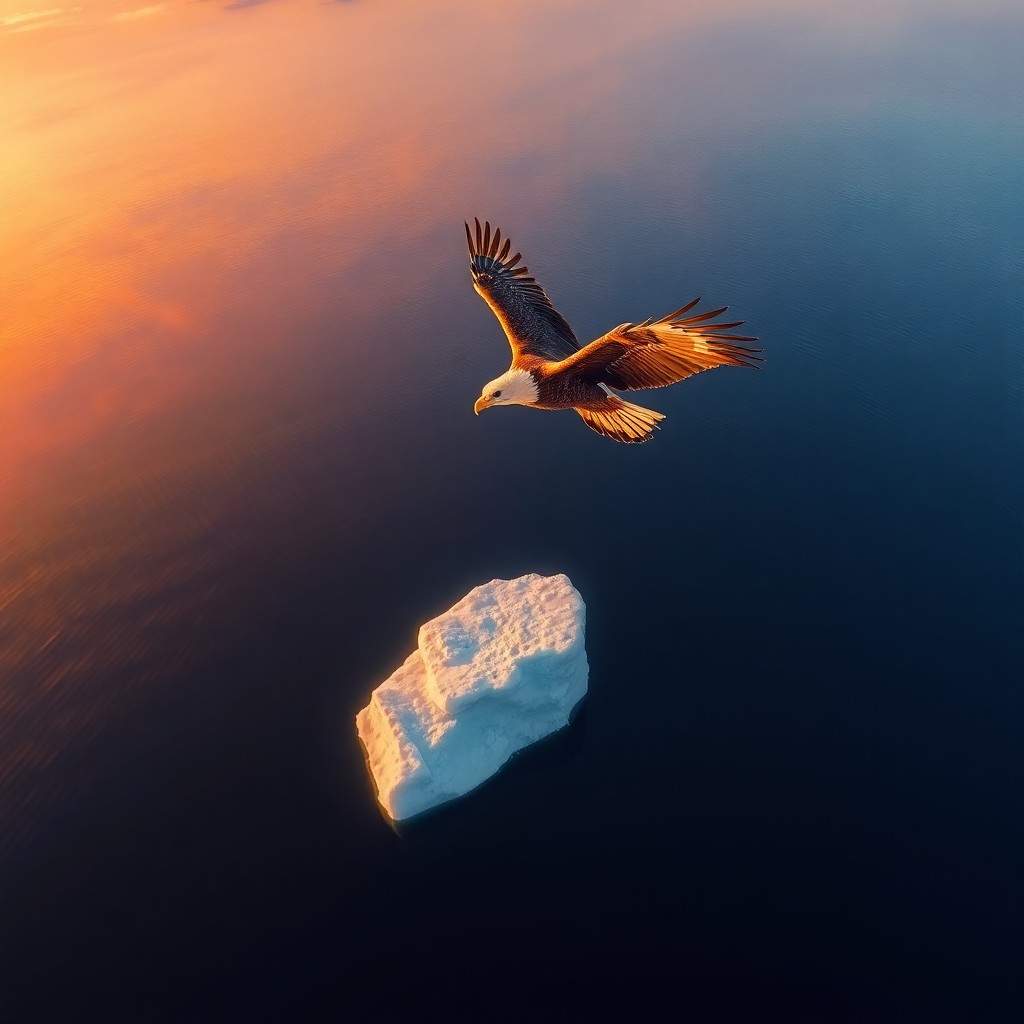 AI generated art for prompt: A breathtaking aerial view captures a serene lakeside scene bathed in the warm hues of sunset, remin