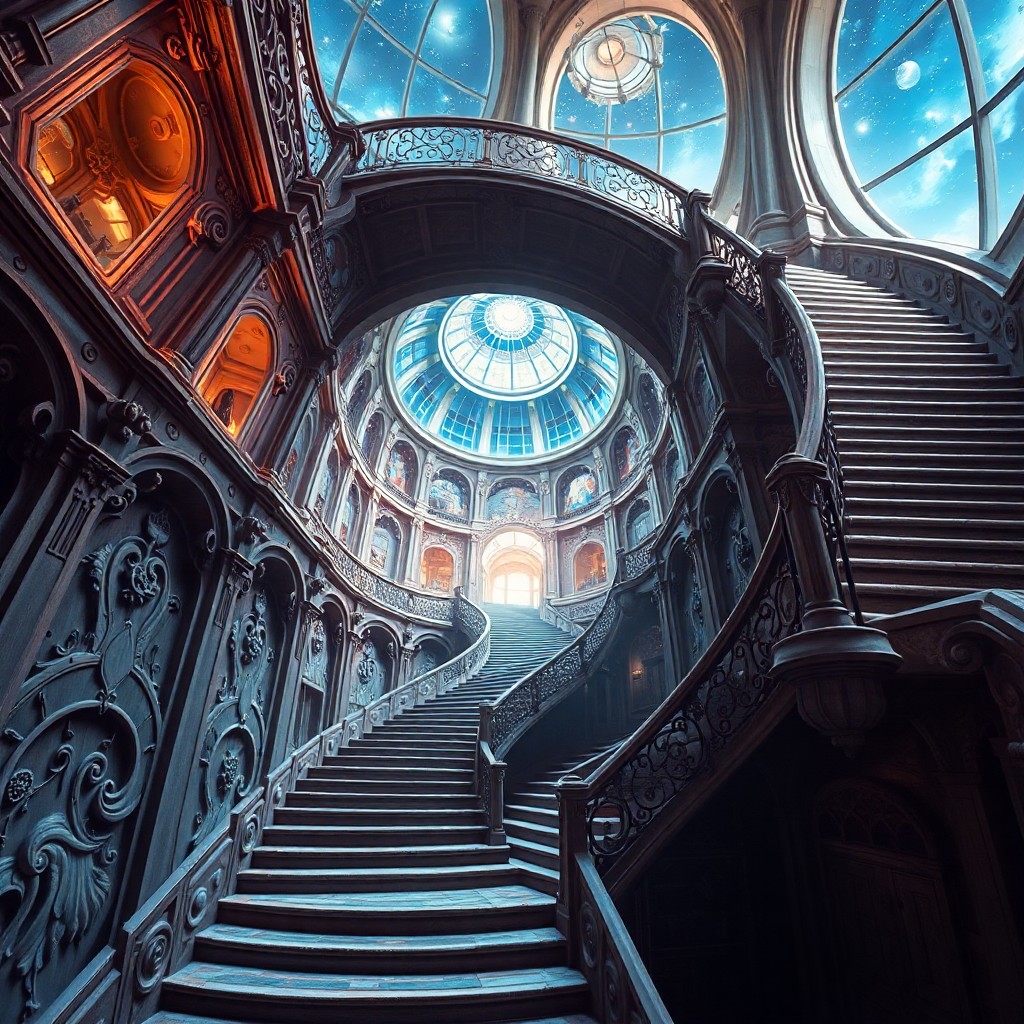 AI generated art for prompt: Craft an enchanting digital artwork depicting an intricate, winding staircase within a grand archite