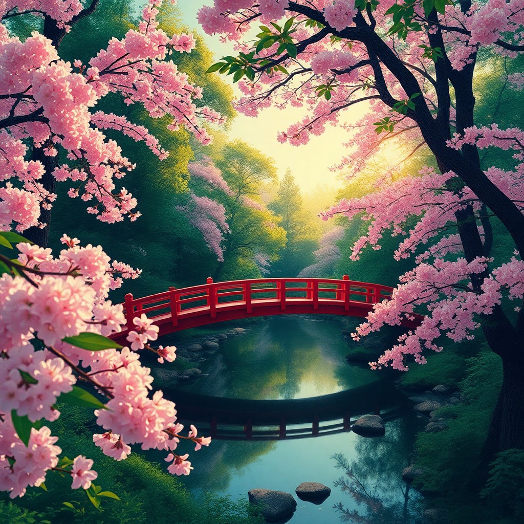 AI generated art for prompt: Imagine a tranquil Japanese forest landscape, rendered in a captivating fusion of traditional woodbl
