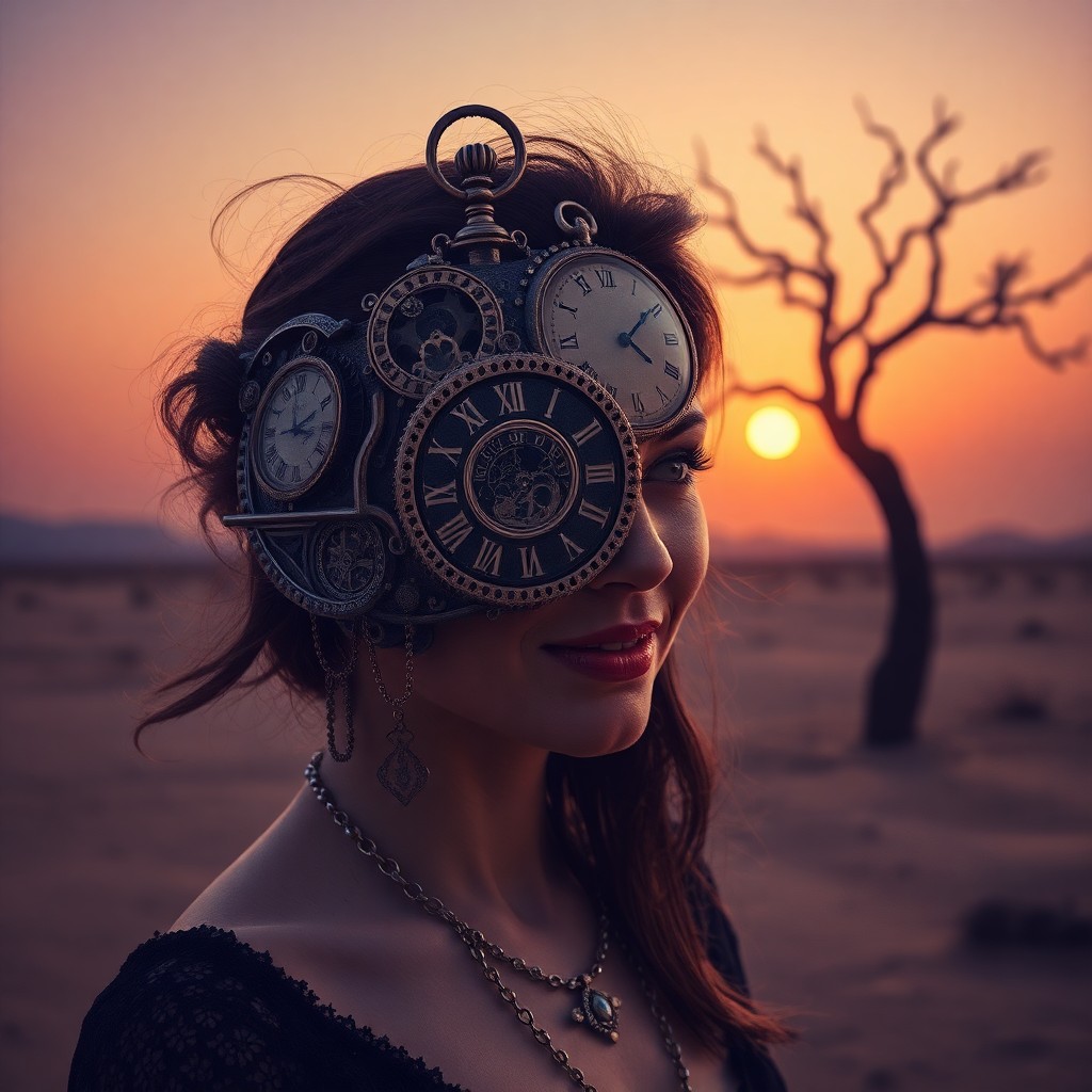 AI generated art for prompt: A surrealistic portrait captures a woman with an enigmatic smile, her face half-hidden by an intrica