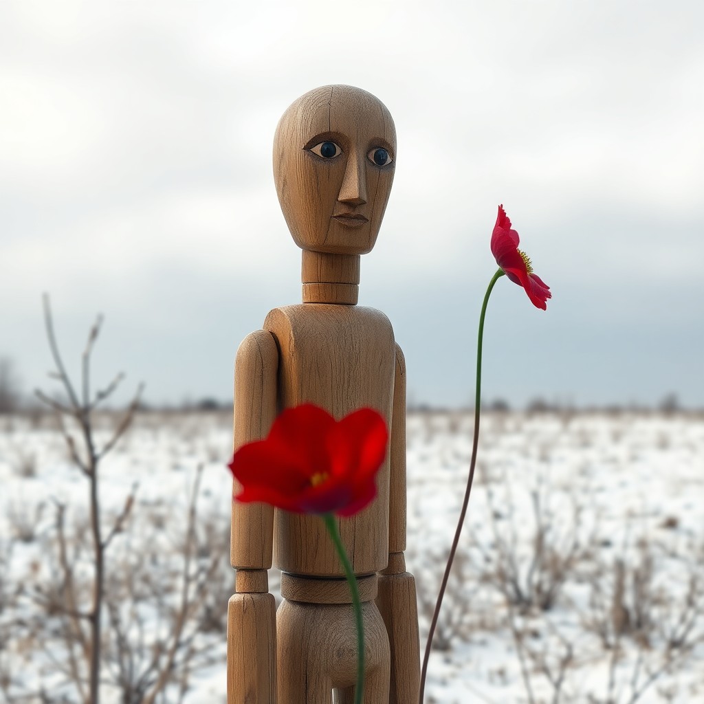 AI generated art for prompt: Craft an image in a surrealistic vein reminiscent of Magritte's work, depicting a life-sized wooden 