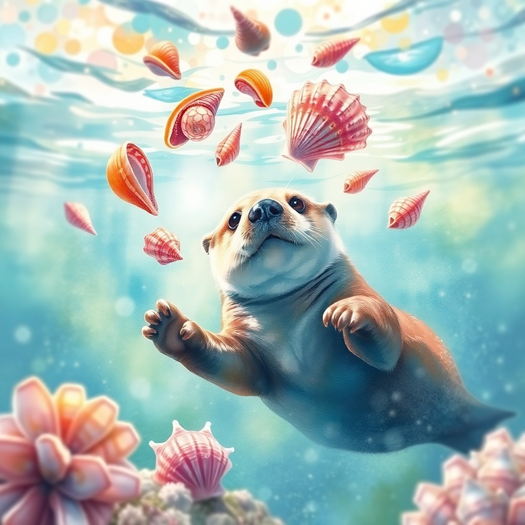 AI generated art for prompt: Envision an enchanting underwater tableau where a lively sea otter entertains itself by juggling vib