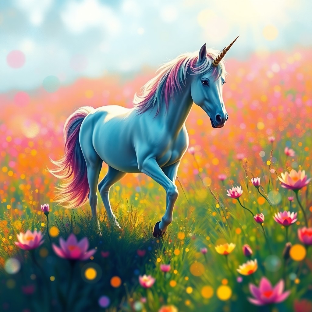 AI generated art for prompt: A digital art composition depicting an enchanting unicorn gracefully traversing a rich, vibrant mead