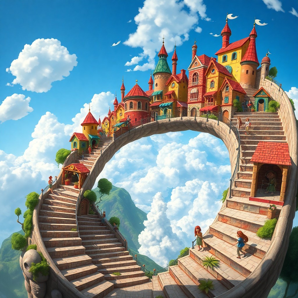 AI generated art for prompt: Envision a whimsical village nestled atop an intricate, spiraling staircase that appears to stretch 