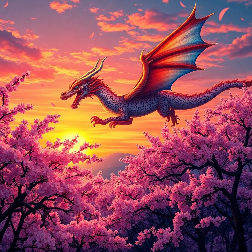 AI generated art for prompt: A mythical dragon soars over a cherry blossom forest at sunset in this enchanting scene, blending vi