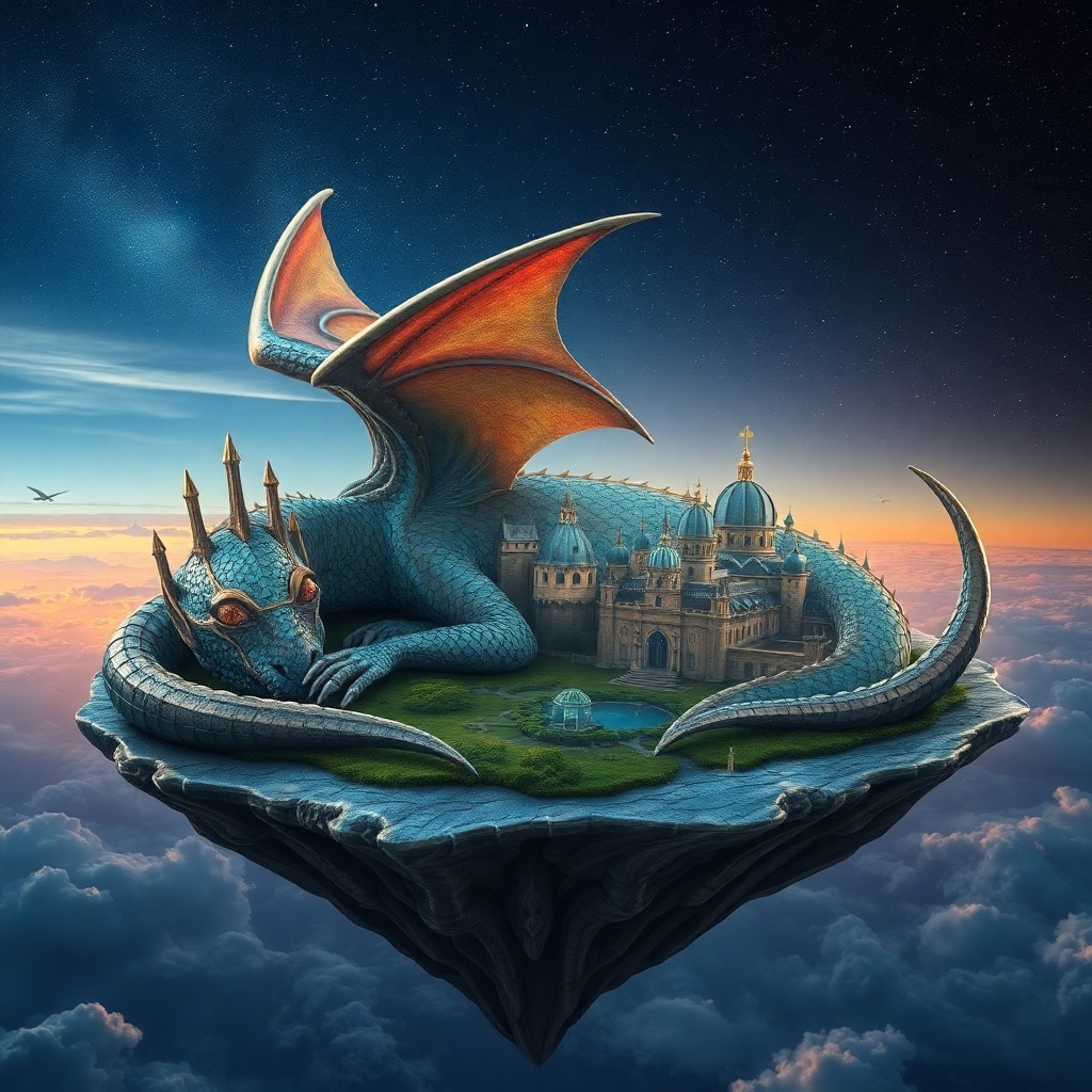 AI generated art for prompt: An image depicting a surreal dreamscape featuring a majestic creature resembling a dragon with wings