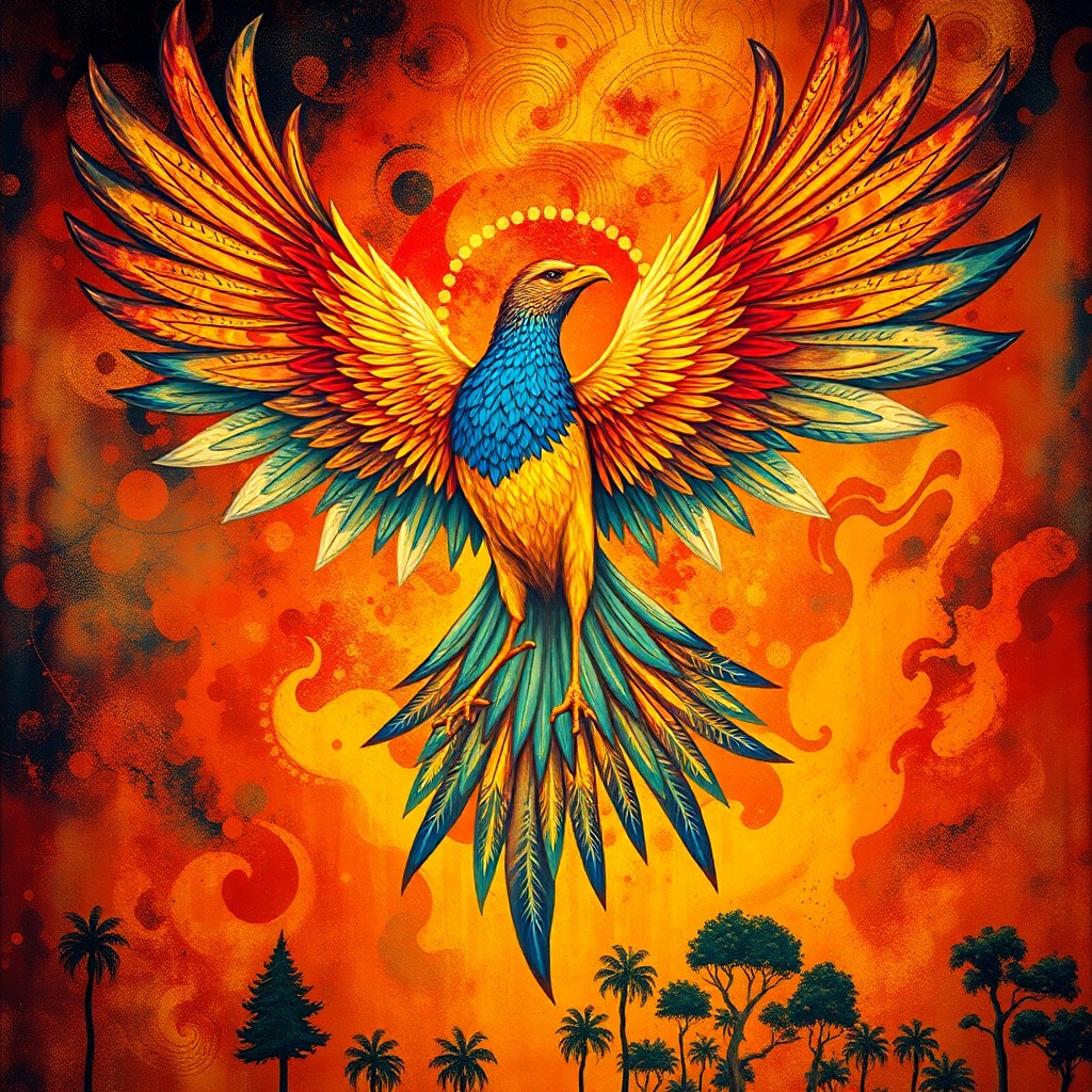 AI generated art for prompt: A mesmerizing portrait of an awe-inspiring phoenix set against a vibrant backdrop, reminiscent of Gu