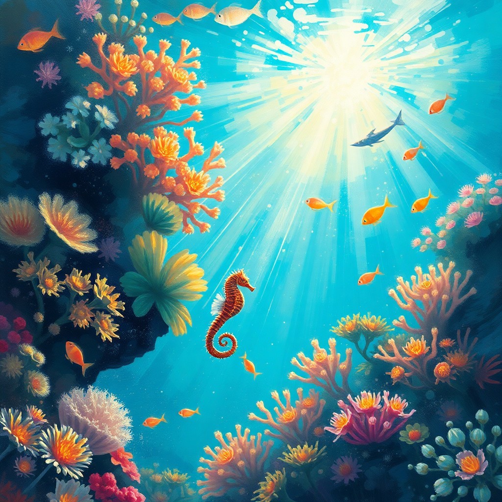 AI generated art for prompt: Envision an enchanting underwater tableau reminiscent of impressionist masterpieces, viewed from a m