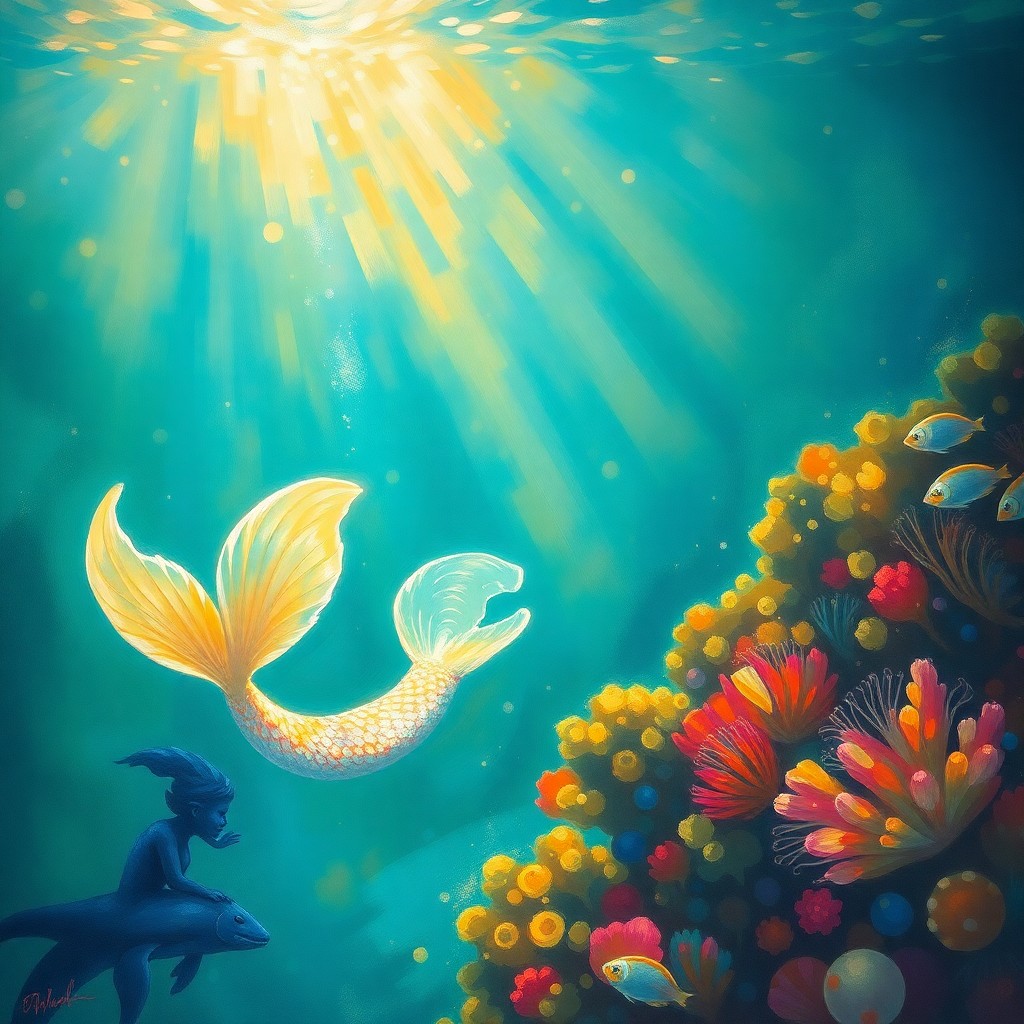 AI generated art for prompt: Envision an idyllic underwater scene painted in the manner of classic Impressionism, where a gracefu