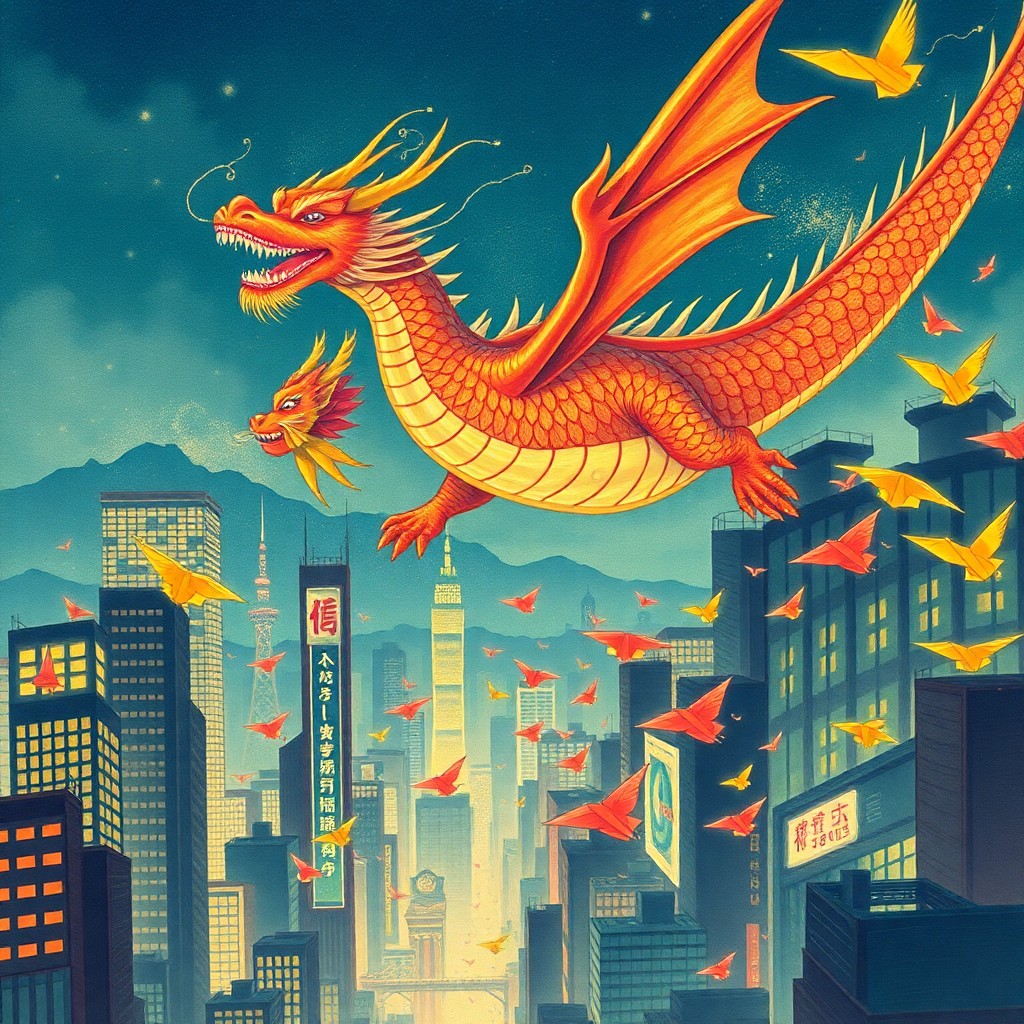 AI generated art for prompt: A vibrant digital artwork portraying an exuberant dragon gliding above a lively cityscape in the man