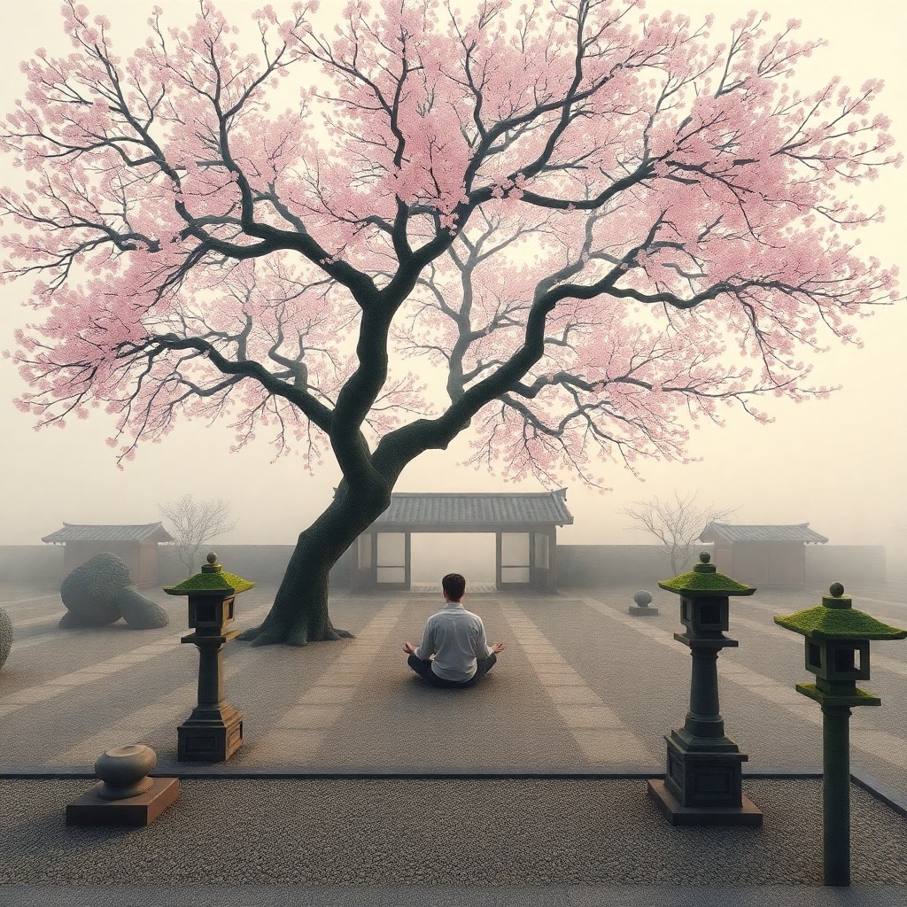 AI generated art for prompt: Envision a tranquil, foggy dawn in a traditional Japanese Zen garden, where an individual meditates 