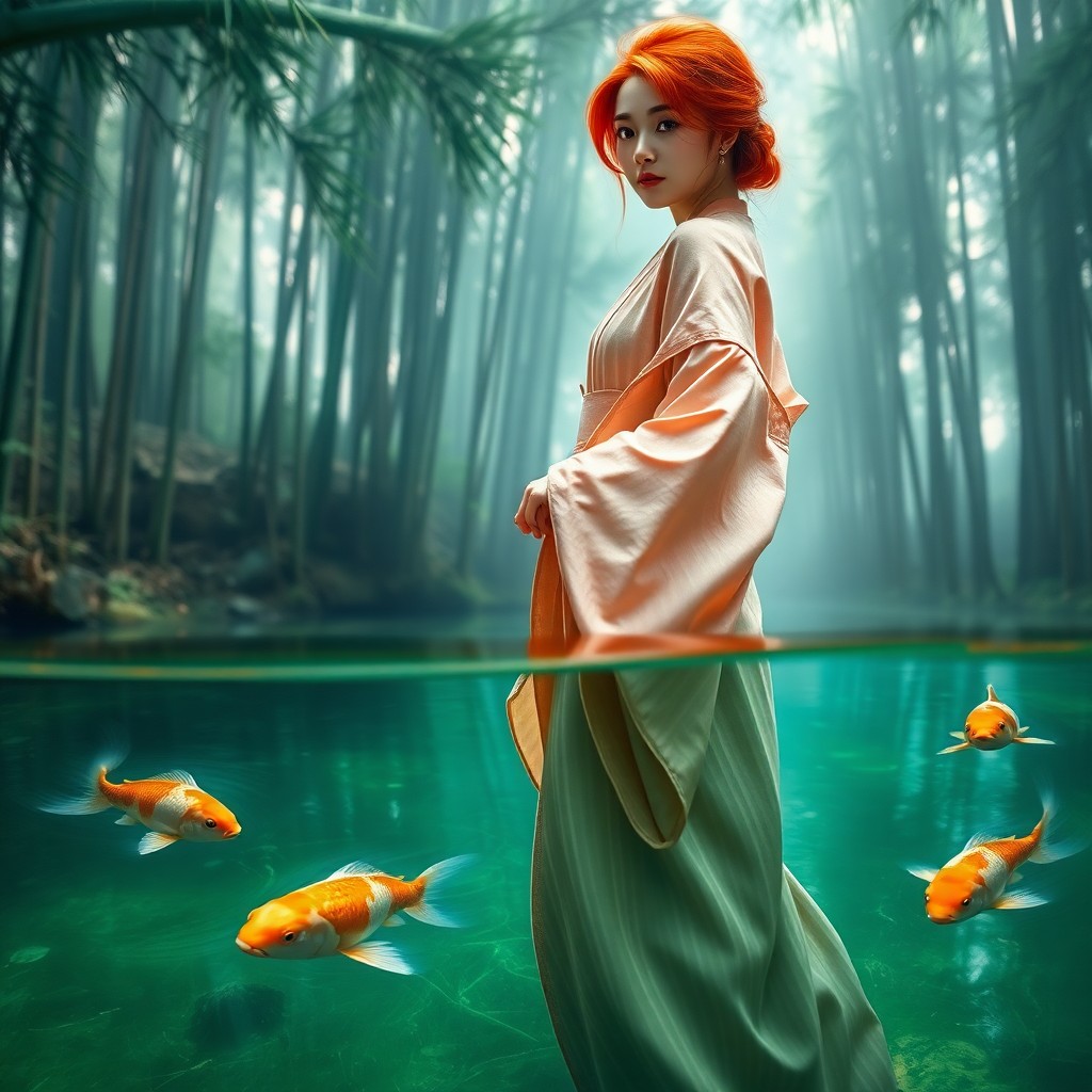 AI generated art for prompt: A young woman with vibrant red tresses stands gracefully beside a tranquil koi pond in an image remi