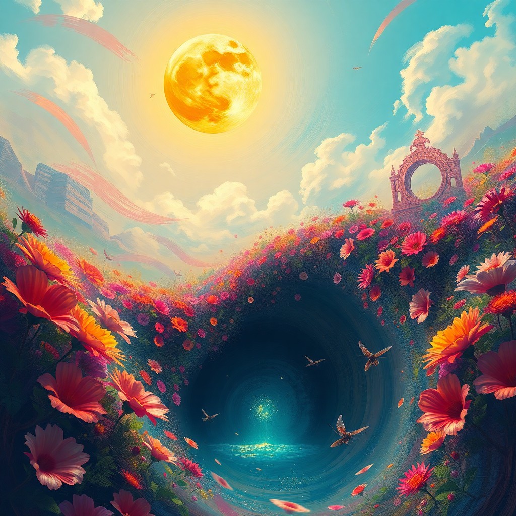 AI generated art for prompt: A mesmerizing digital artwork fuses dreamlike landscapes with vibrant color palettes to create a whi