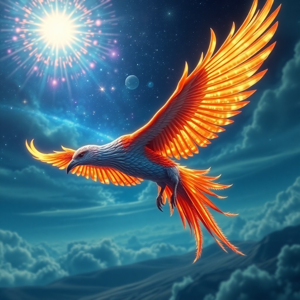 AI generated art for prompt: A surreal digital art scene portrays a regal phoenix flying across an otherworldly sky, its feathers