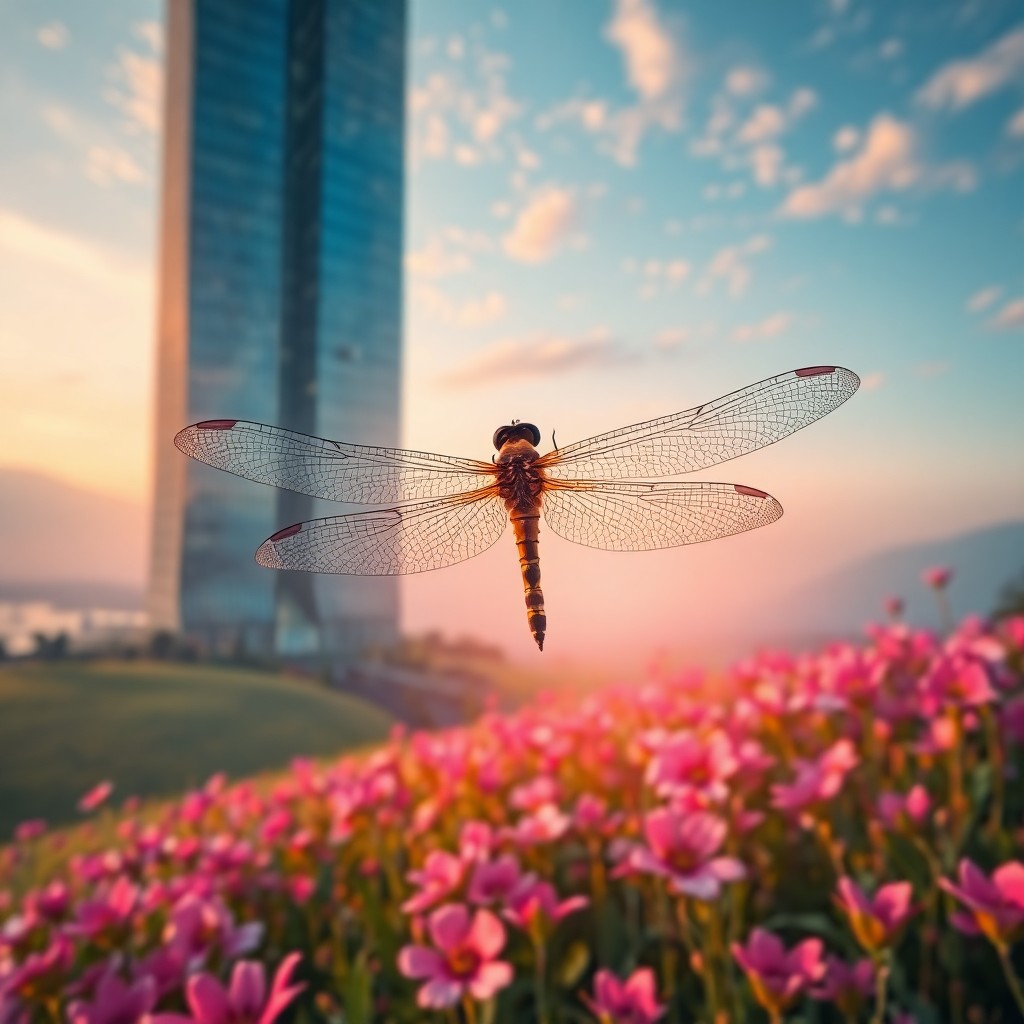 AI generated art for prompt: Envision an enchanting, surreal vista observed from a dragonfly's perspective, suspended over a flou