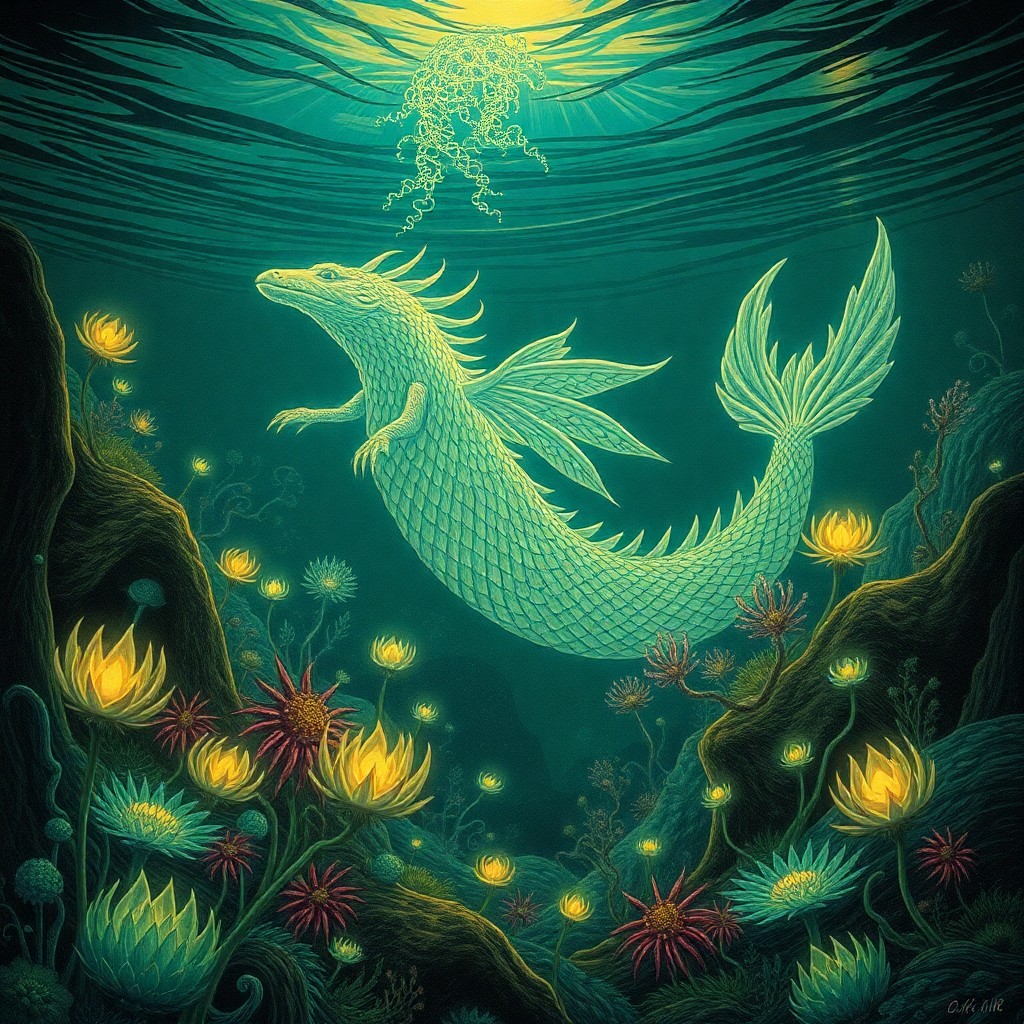 AI generated art for prompt: Craft an image showcasing a mythical creature rising from the depths of a surreal underwater realm, 