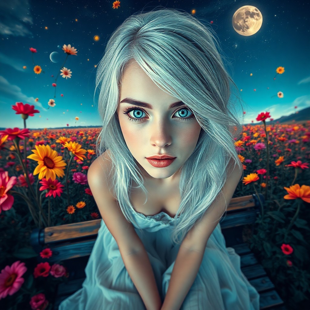 AI generated art for prompt: Visualize an enchanting portrait of a woman with captivating blue eyes and shimmering silver hair, r