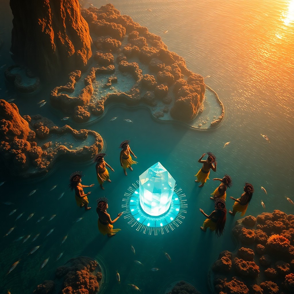 AI generated art for prompt: An aerial perspective reveals an enchanting underwater metropolis at twilight, with golden sunlight 