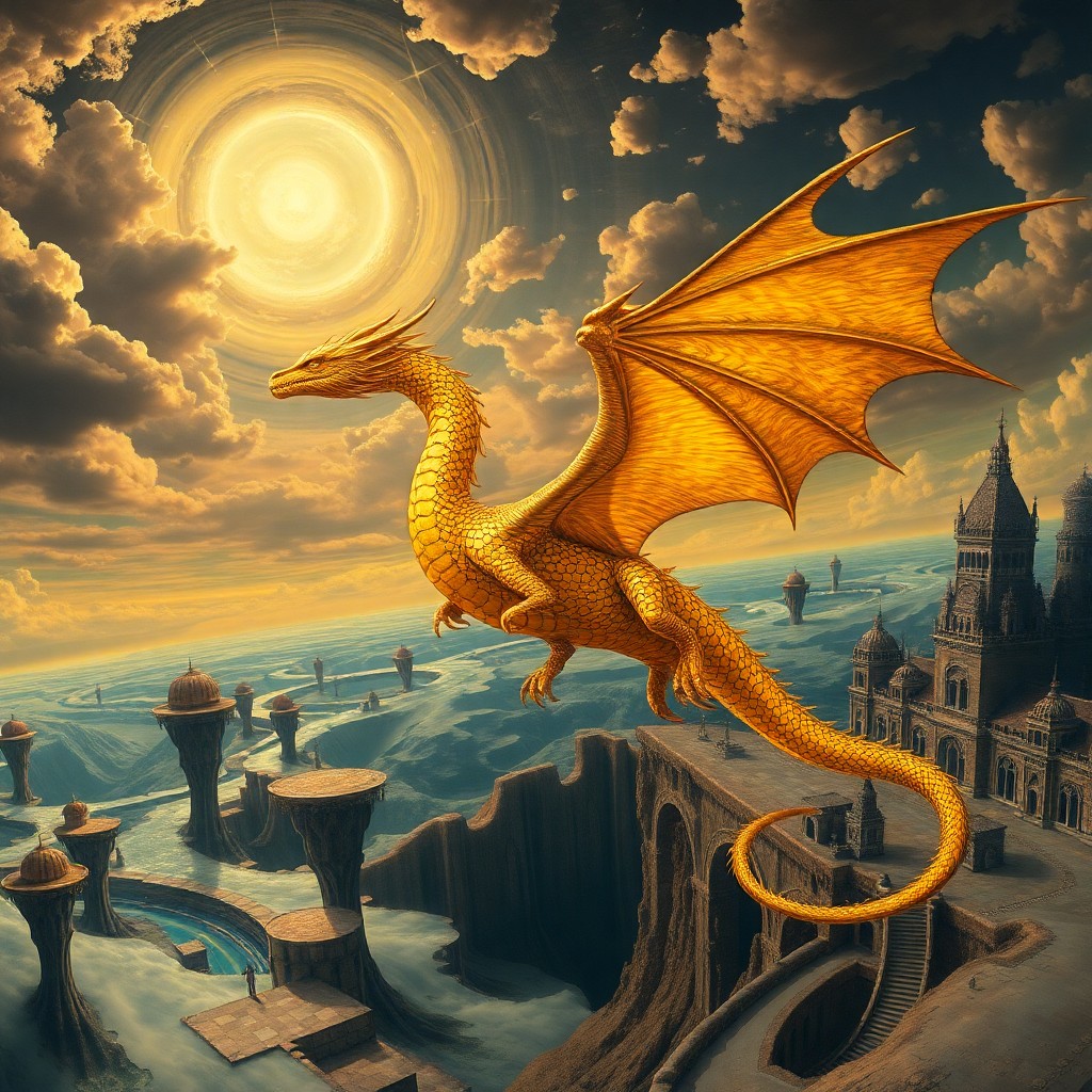 AI generated art for prompt: Create an enigmatic dreamscape featuring a majestic dragon soaring through a surreal sky reminiscent