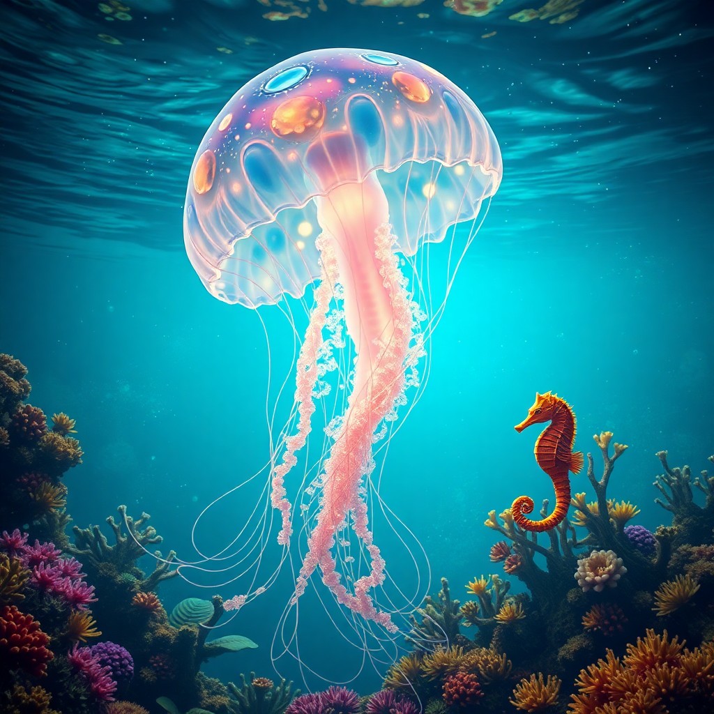 AI generated art for prompt: Craft an enchanting underwater scene in a photorealistic hyper-detailed digital art style, blending 