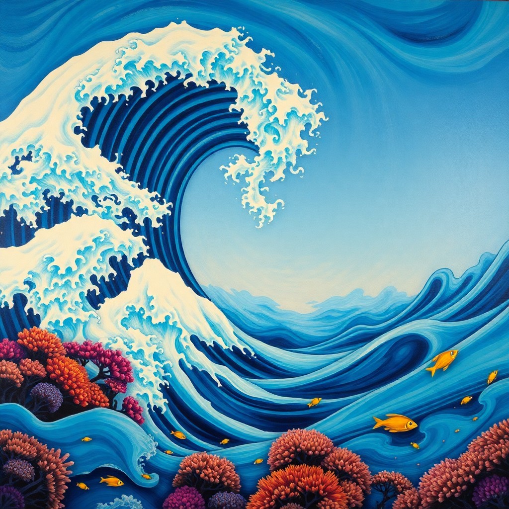 AI generated art for prompt: Envision an otherworldly aquatic vista, merging the grandeur of Hokusai's "The Great Wave" with the 