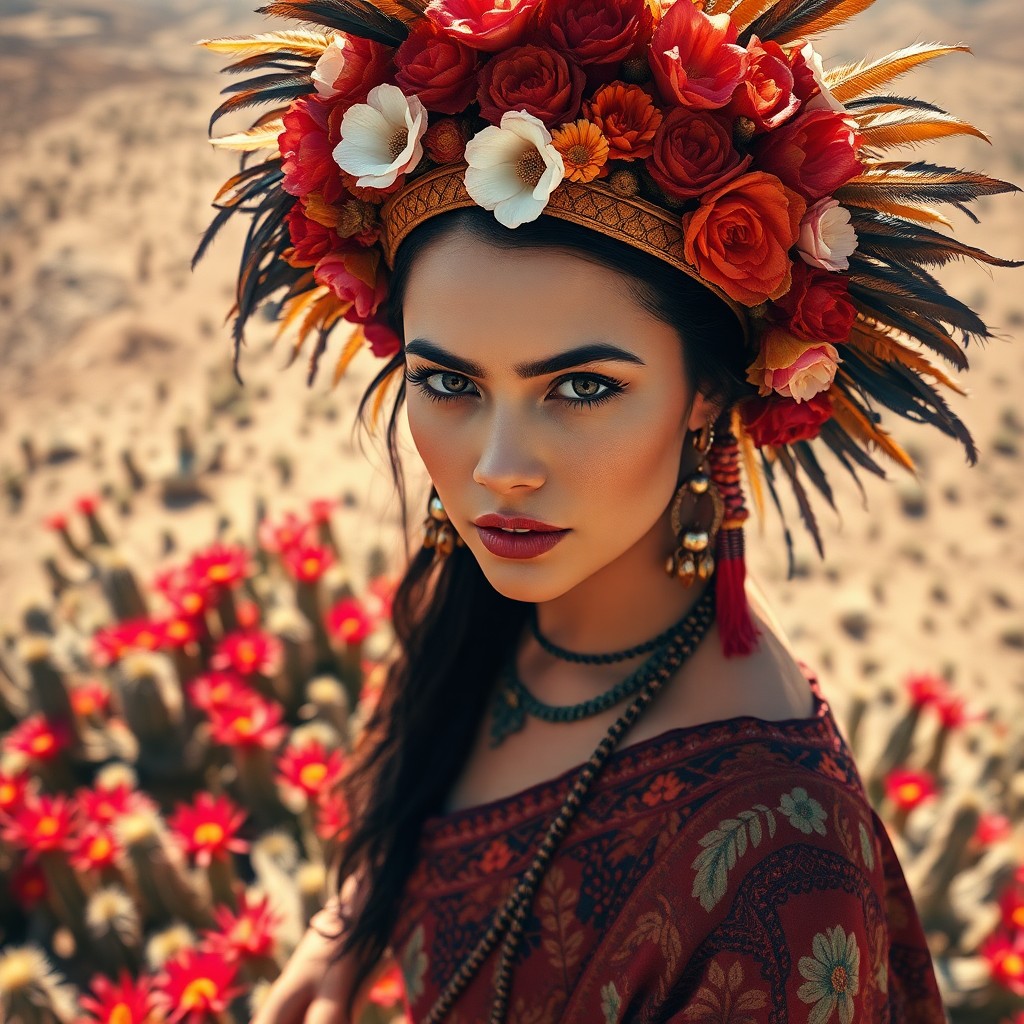 AI generated art for prompt: Craft an image embodying the dynamic essence of Kahlo-inspired self-portraits, featuring a woman wit