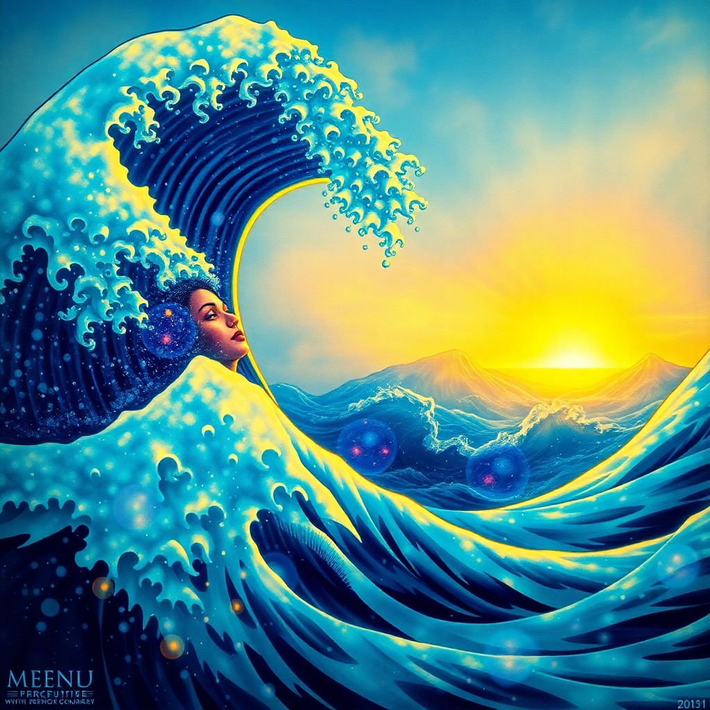 AI generated art for prompt: Envision an enchanting underwater vista merging Hokusai's iconic wave motif with Alex Grey's radiant