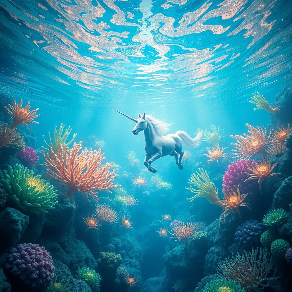 AI generated art for prompt: Craft an image depicting a dreamlike surrealist underwater environment, featuring a serene unicorn g