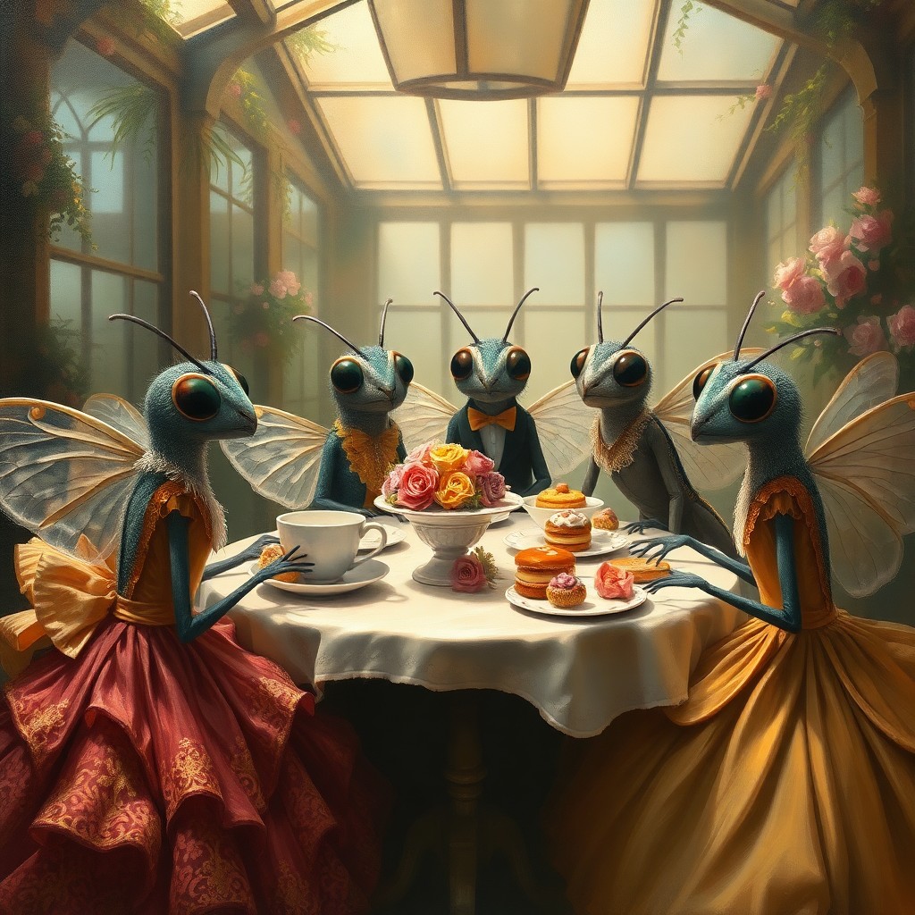 AI generated art for prompt: Imagine an enchanting oil painting depicting a whimsical tea party scene where anthropomorphic insec