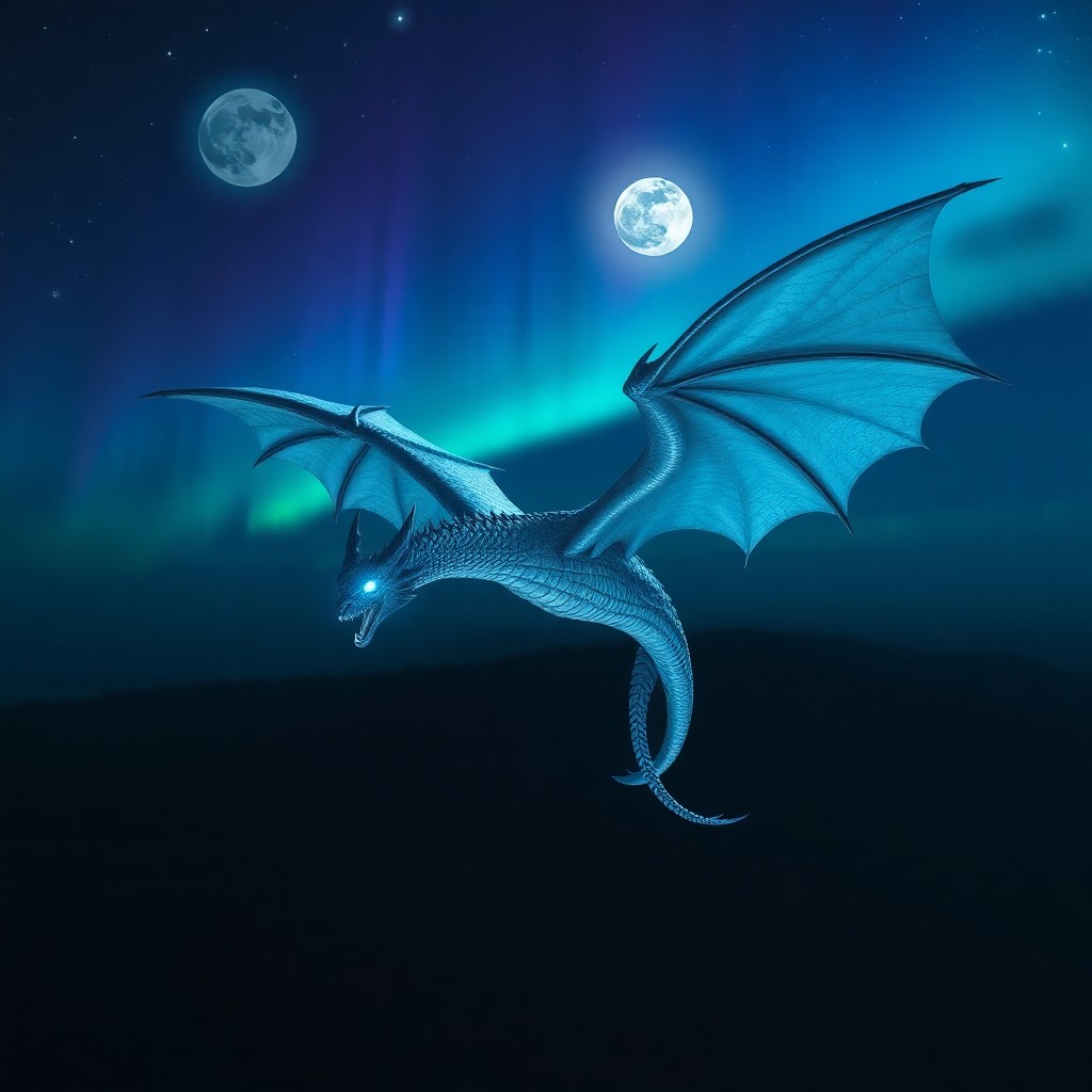 AI generated art for prompt: A majestic dragon, its scales glistening like liquid silver under the moon's gentle glow, soars abov