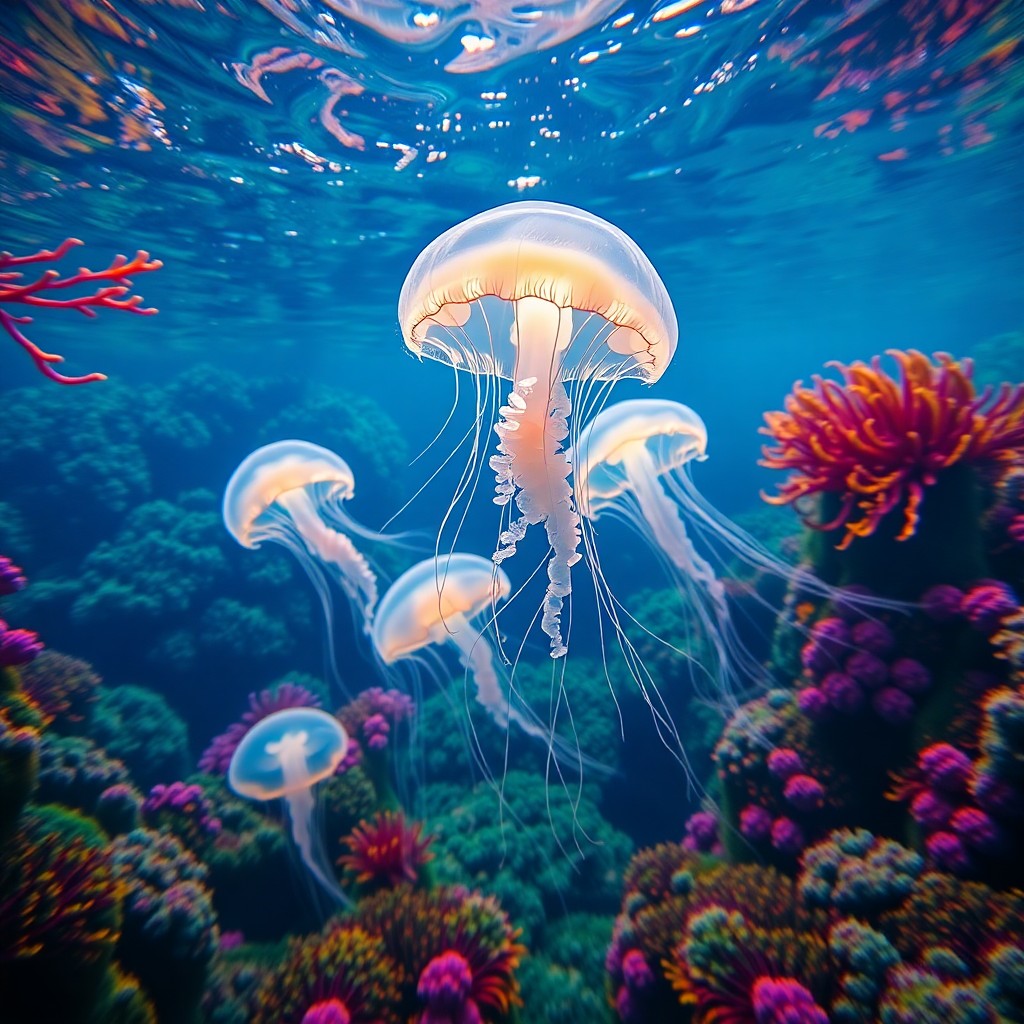 AI generated art for prompt: A tranquil underwater scene, reminiscent of impressionist painting techniques, showcases a group of 