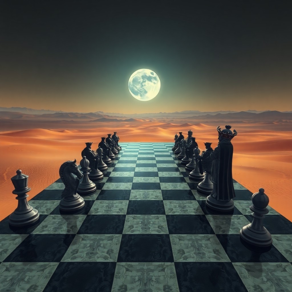 AI generated art for prompt: A surreal digital artwork portraying an expansive chessboard stretching across a moonlit desert land