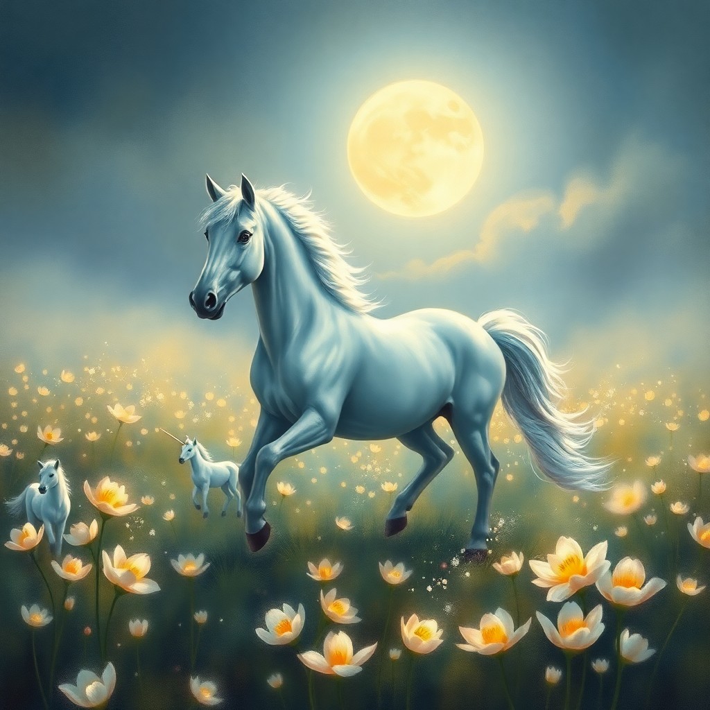 AI generated art for prompt: A tranquil moonlit landscape painted in the impressionistic style captures a regal unicorn gracefull