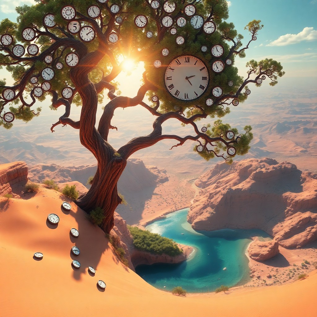 AI generated art for prompt: A mesmerizing digital artwork captures a surreal dreamscape with distorted timepieces scattered acro