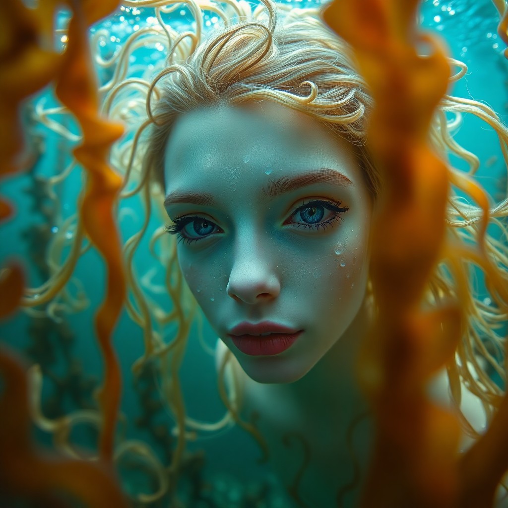 AI generated art for prompt: An enchanting underwater portrait in an ethereal style reminiscent of John William Waterhouse, captu