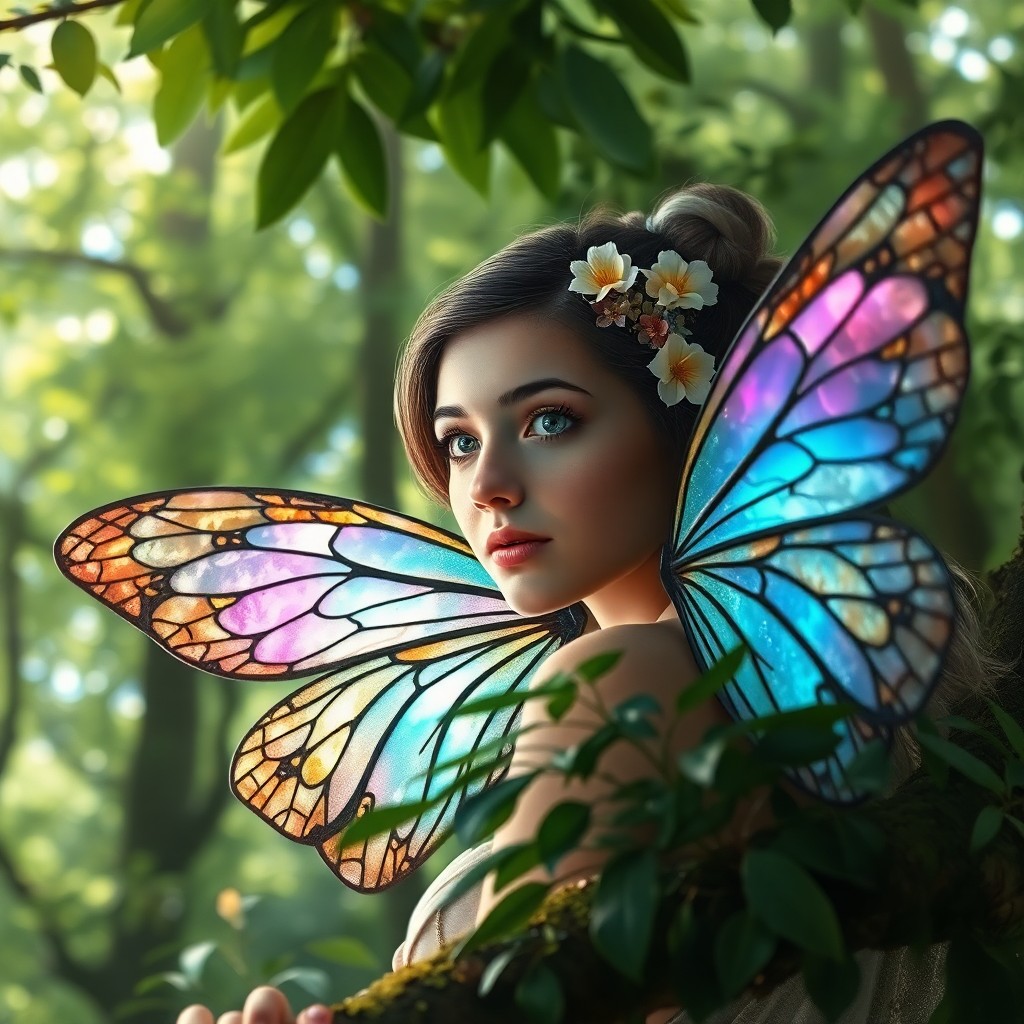 AI generated art for prompt: A captivating digital art portrait features a young woman with iridescent wings resembling stained g