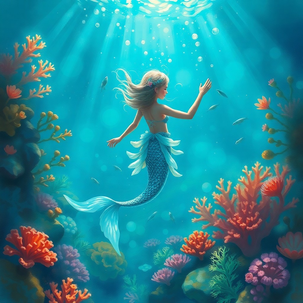 AI generated art for prompt: Envision an enchanting underwater realm where a celestial nymph with luminescent scales of shimmerin